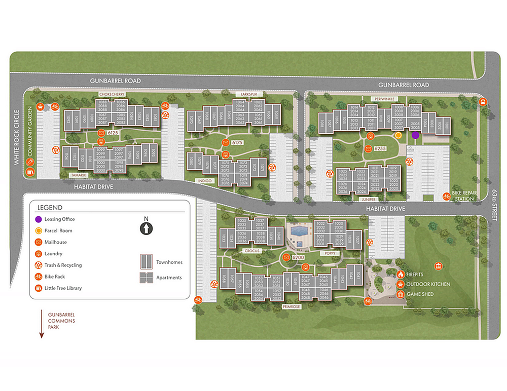 Vibrant community site map showcasing modern townhomes and apartments, nestled amidst lush greenery with amenities like firepits and an outdoor kitchen.