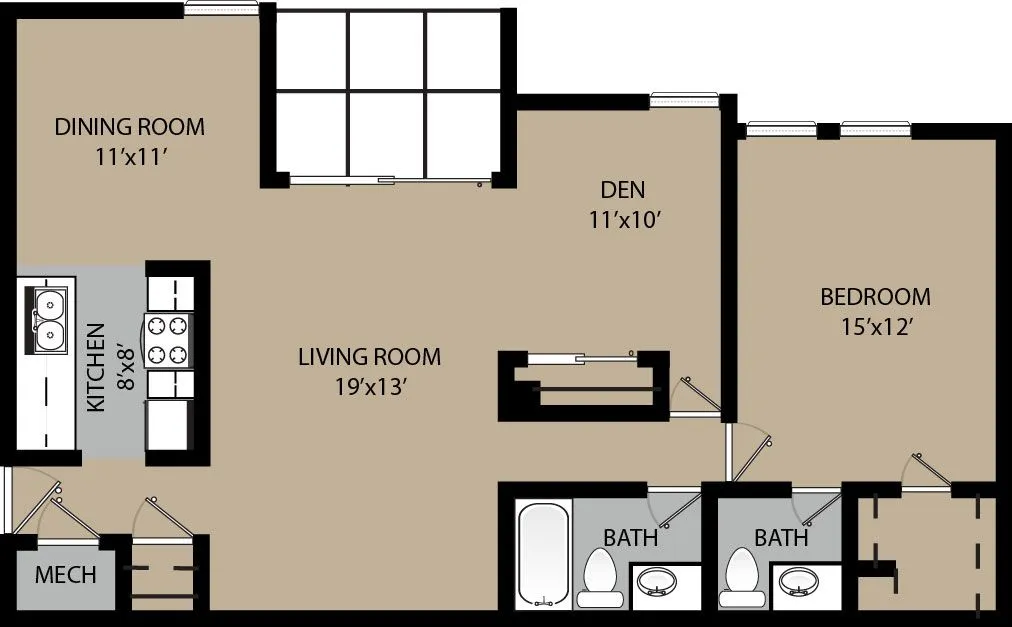 Modern floor plan showcasing a spacious living room, a cozy den, one bedroom, a sleek kitchen, dining area, and two bathrooms.