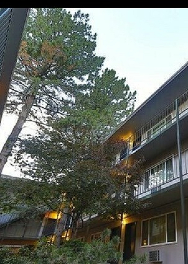 Charming apartment building with modern balconies, lush greenery, and ambient lighting, creating a warm, inviting atmosphere.