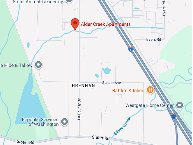 Follow Slater Road to LaBounty Drive to get to Alder Creek Apartments.