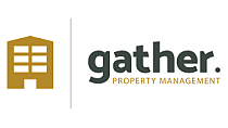 Logo for Gather Property Management featuring a stylized building icon in gold next to the company name in bold text.