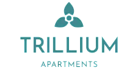 Logo for Trillium Apartments featuring teal text and a stylized three-petal trillium flower symbol above the word "Trillium." The word "Apartments" appears below in smaller capital letters.