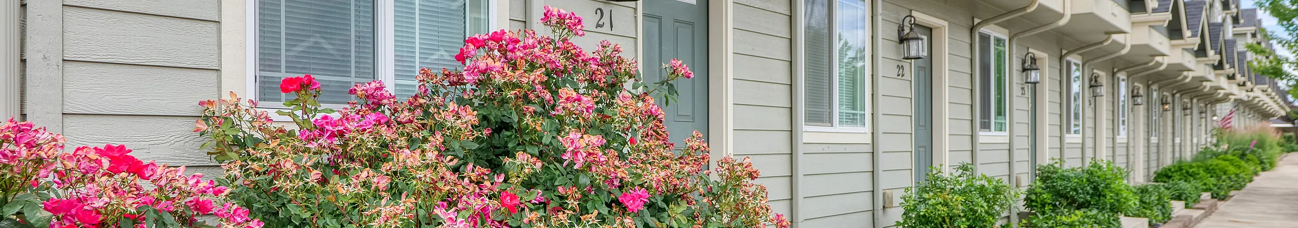 Exterior view of a row of townhome-style apartment entrances, each with a green front door, white-framed windows, and overhead lantern-style lighting. Bright pink and peach flowers line the walkway, adding vibrant curb appeal. The sidewalk