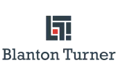 Blanton Turner logo featuring a modern, geometric monogram with navy blue block shapes forming the letters "B" and "T" around a red square, above the company name &ldquo;Blanton Turner&rdquo; in bold, serif font.