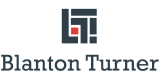 Blanton Turner logo featuring a bold geometric monogram with dark blue shapes and a red square, positioned above the company name in a modern serif font.