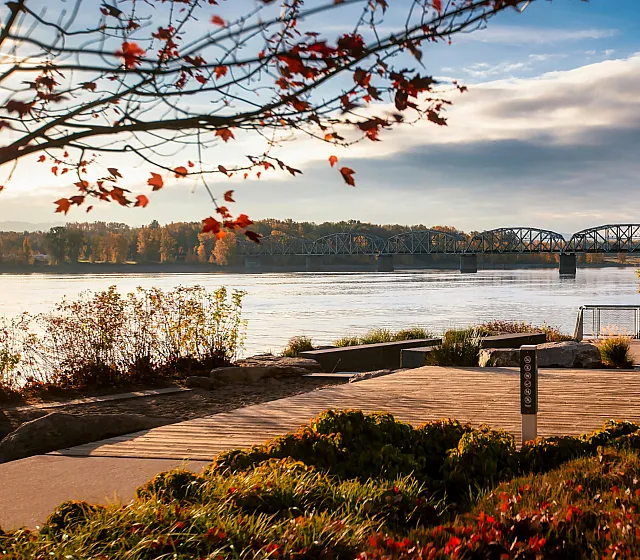 Scenic view of a wooden walkway along the Columbia River in Vancouver, Washington, with fall foliage and a bridge in the distance.