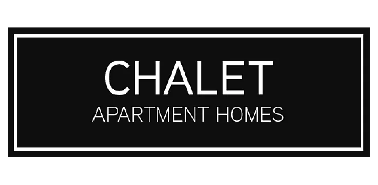 Logo for Chalet Apartment Homes with white text on a black background inside a thin white border.