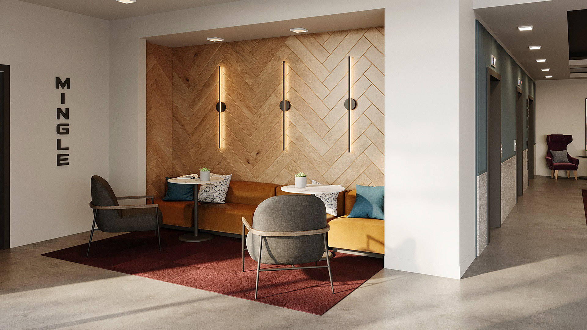 Inviting lounge area featuring modern seating, cozy booths, and elegant lighting in a chic apartment complex.