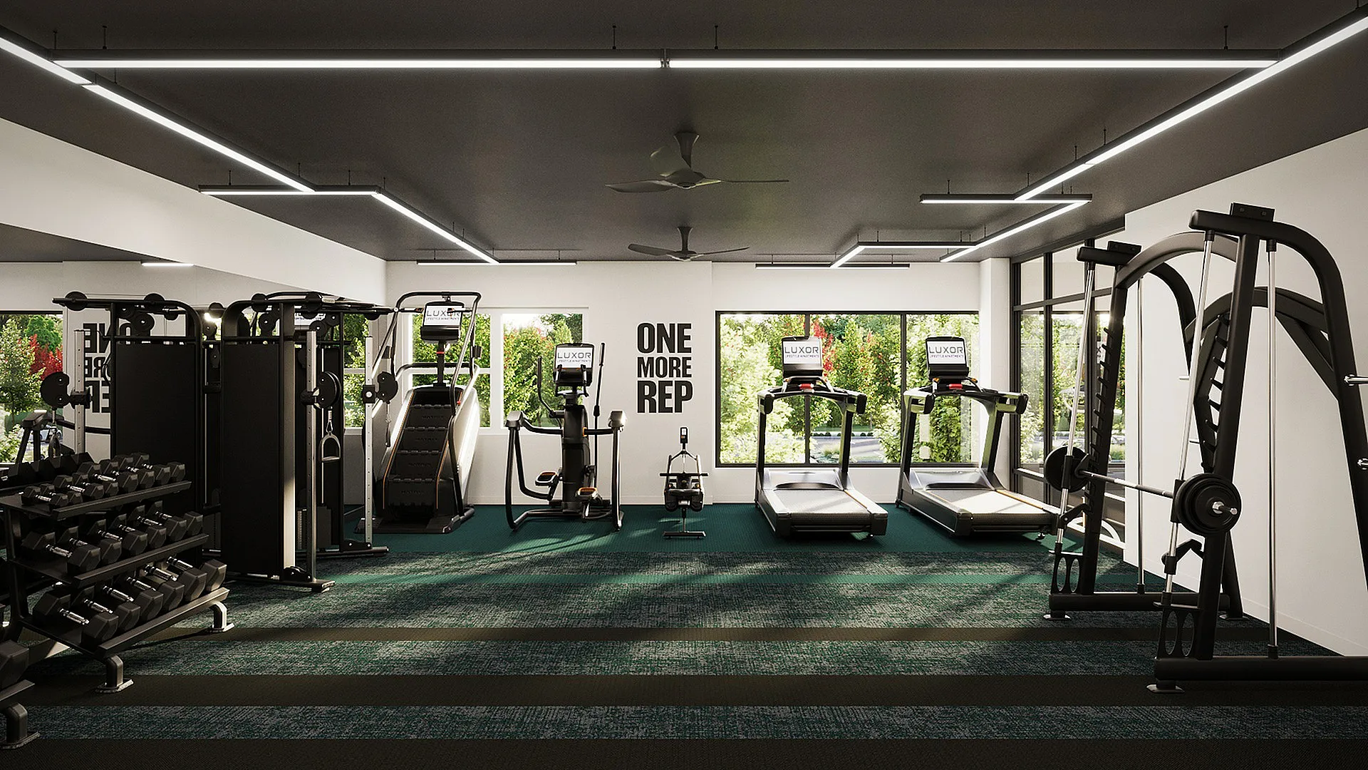 Modern gym facility with state-of-the-art fitness equipment, bright natural lighting, and motivational decor.