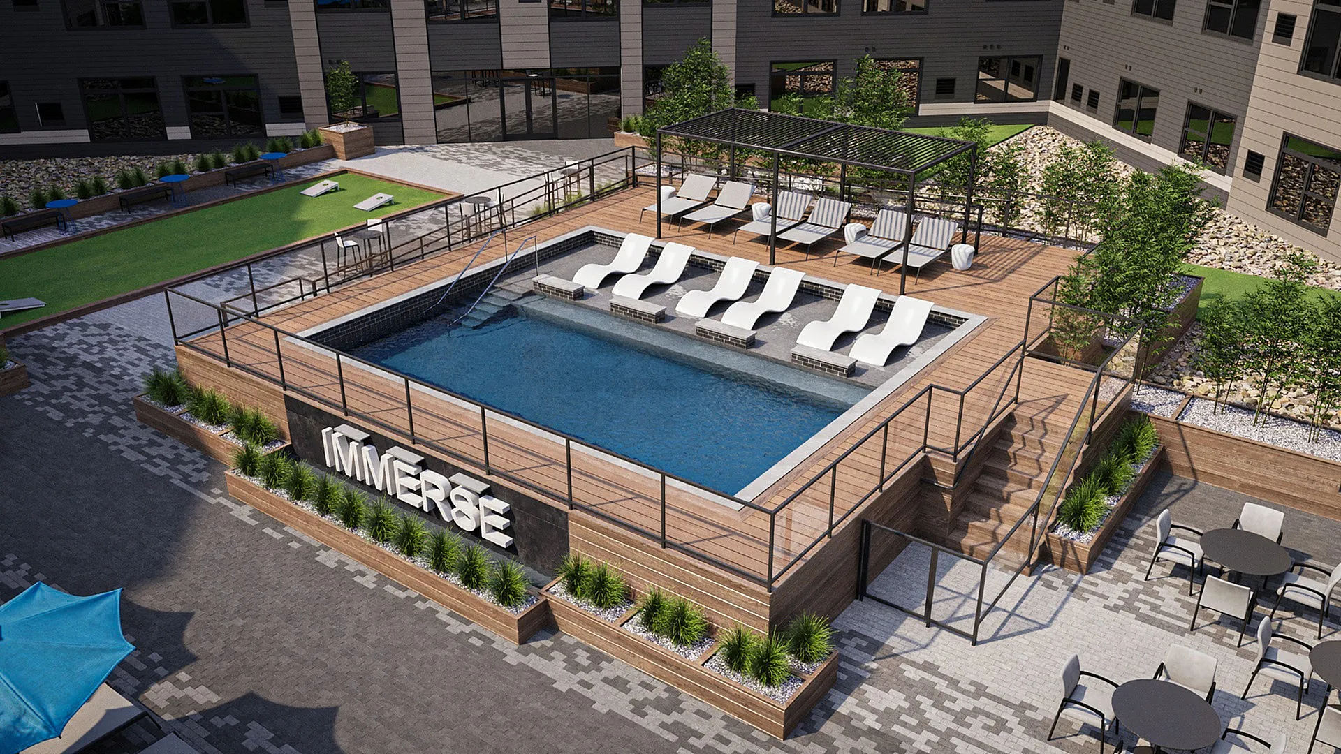 Luxurious rooftop pool area with sleek loungers and a modern pergola, offering a stylish outdoor retreat.