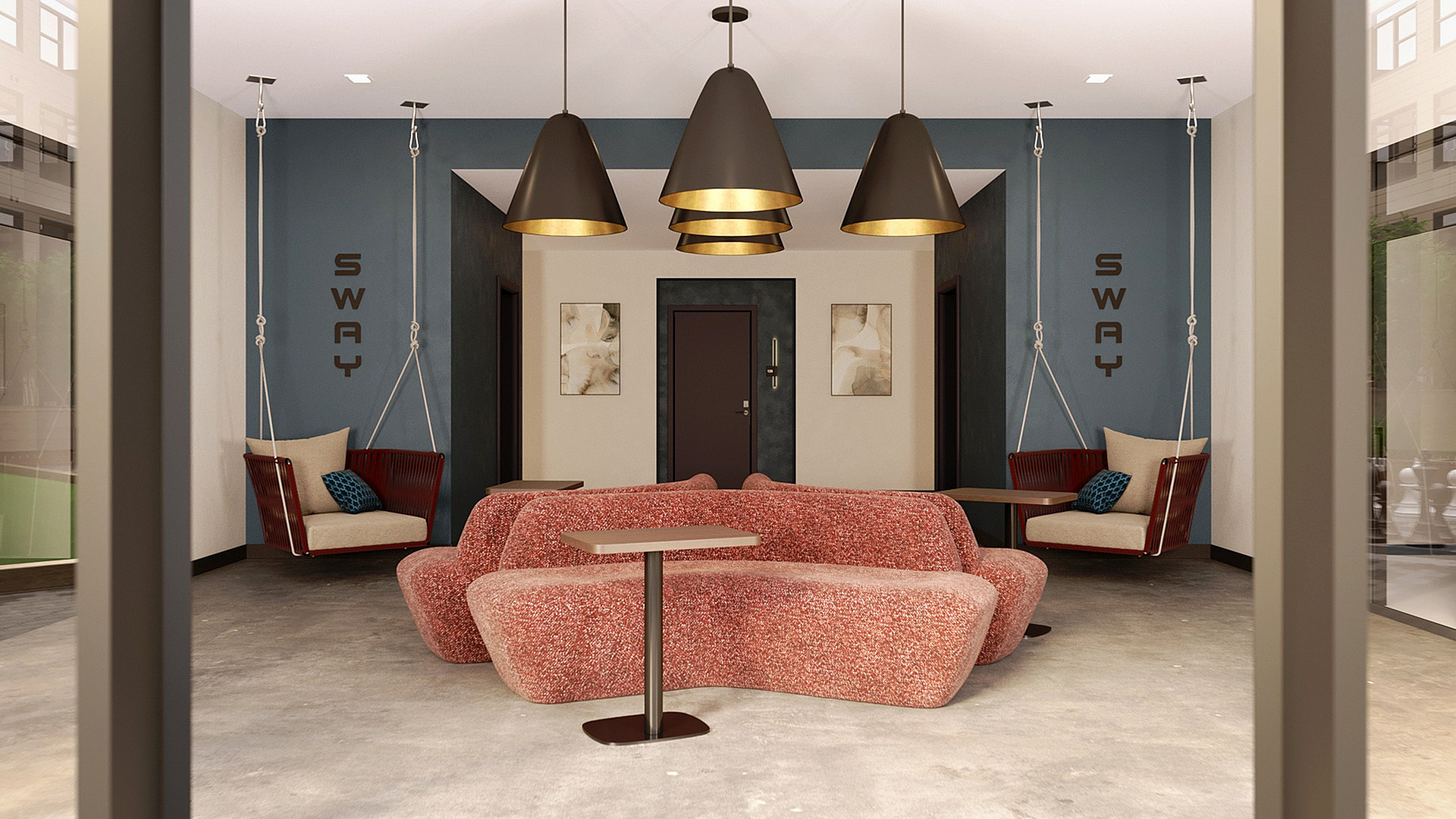 Chic lounge area with modern suspended chairs, stylish lighting, and cozy red couches in a contemporary setting.