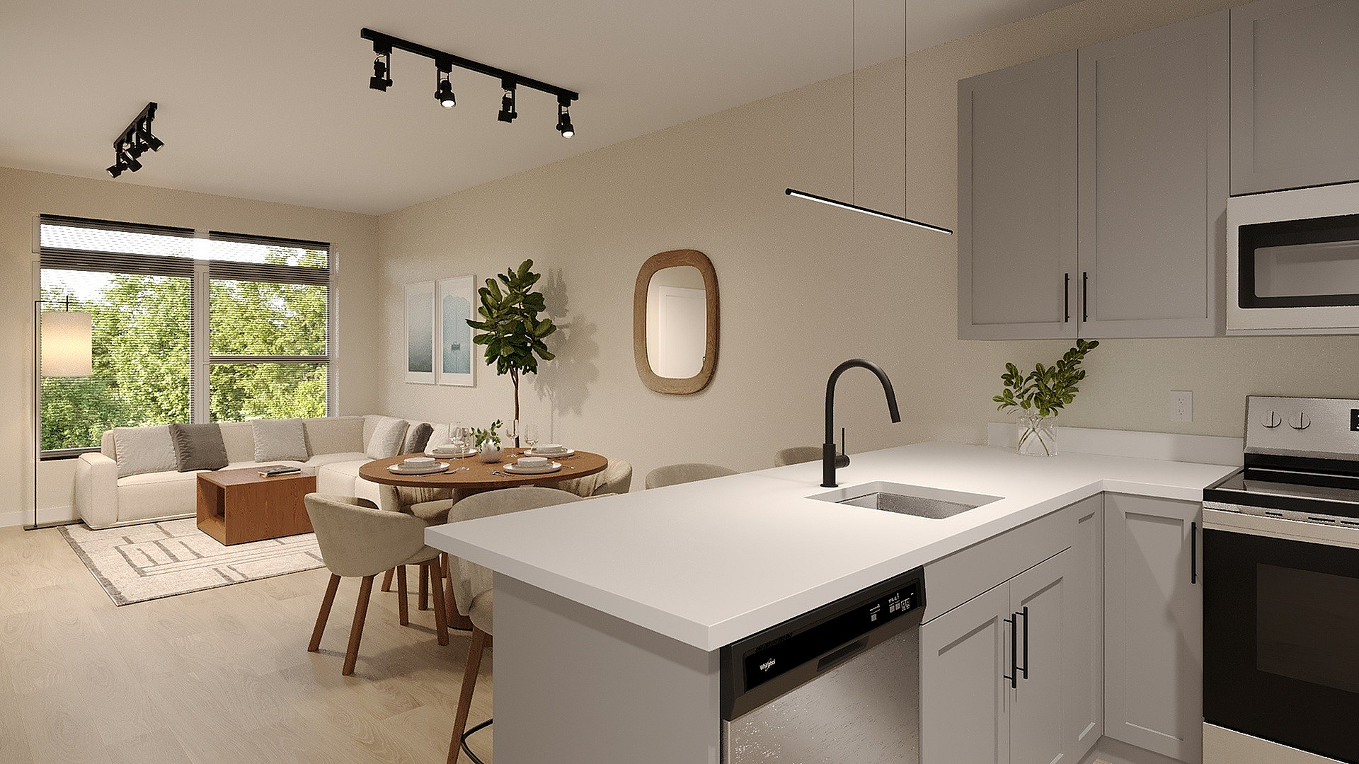 Modern open-concept living area with sleek kitchen, cozy dining space, and bright living room featuring large windows with scenic views.