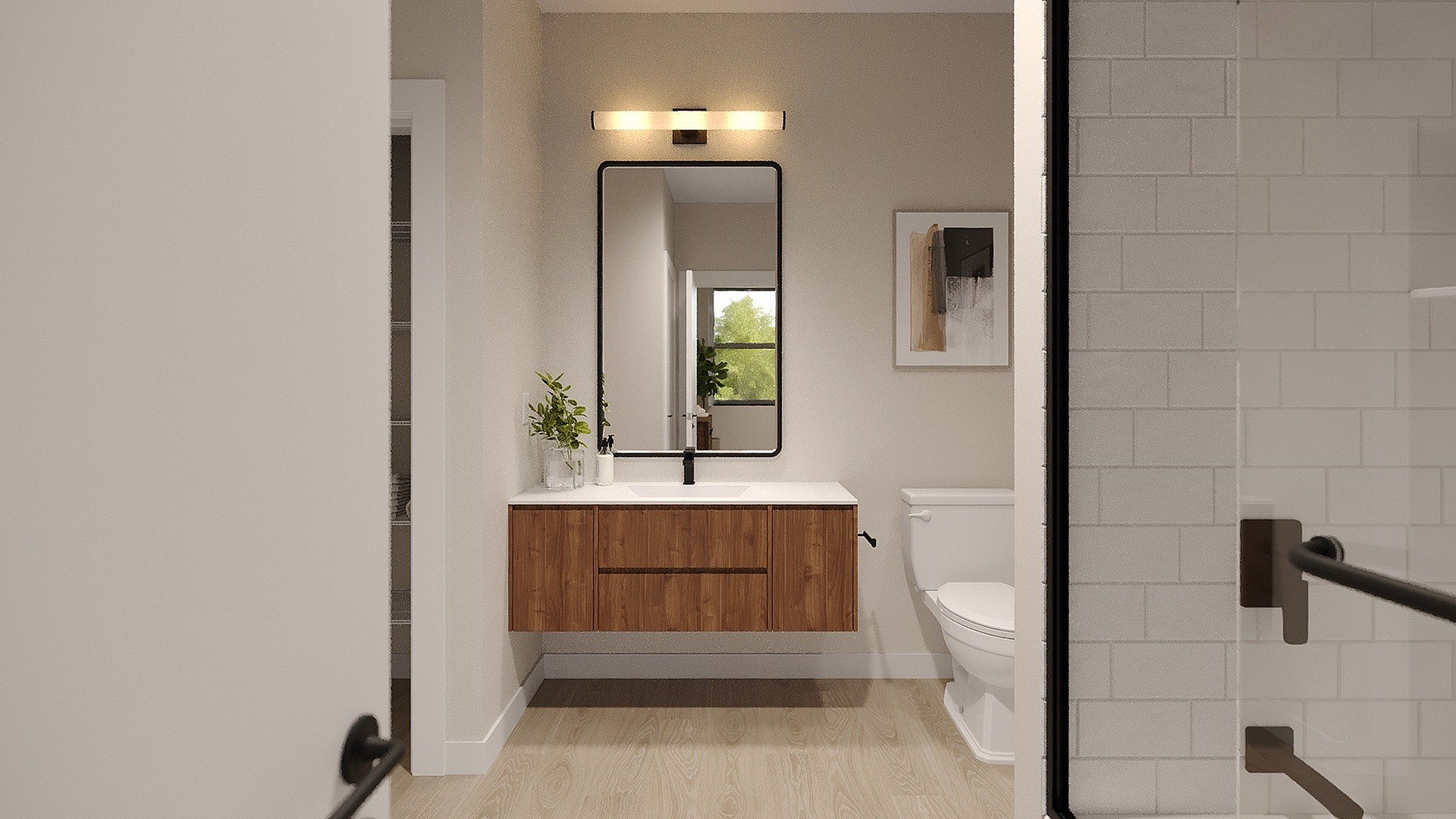 Modern bathroom with elegant floating wood vanity, large mirror, and natural light from a window view.