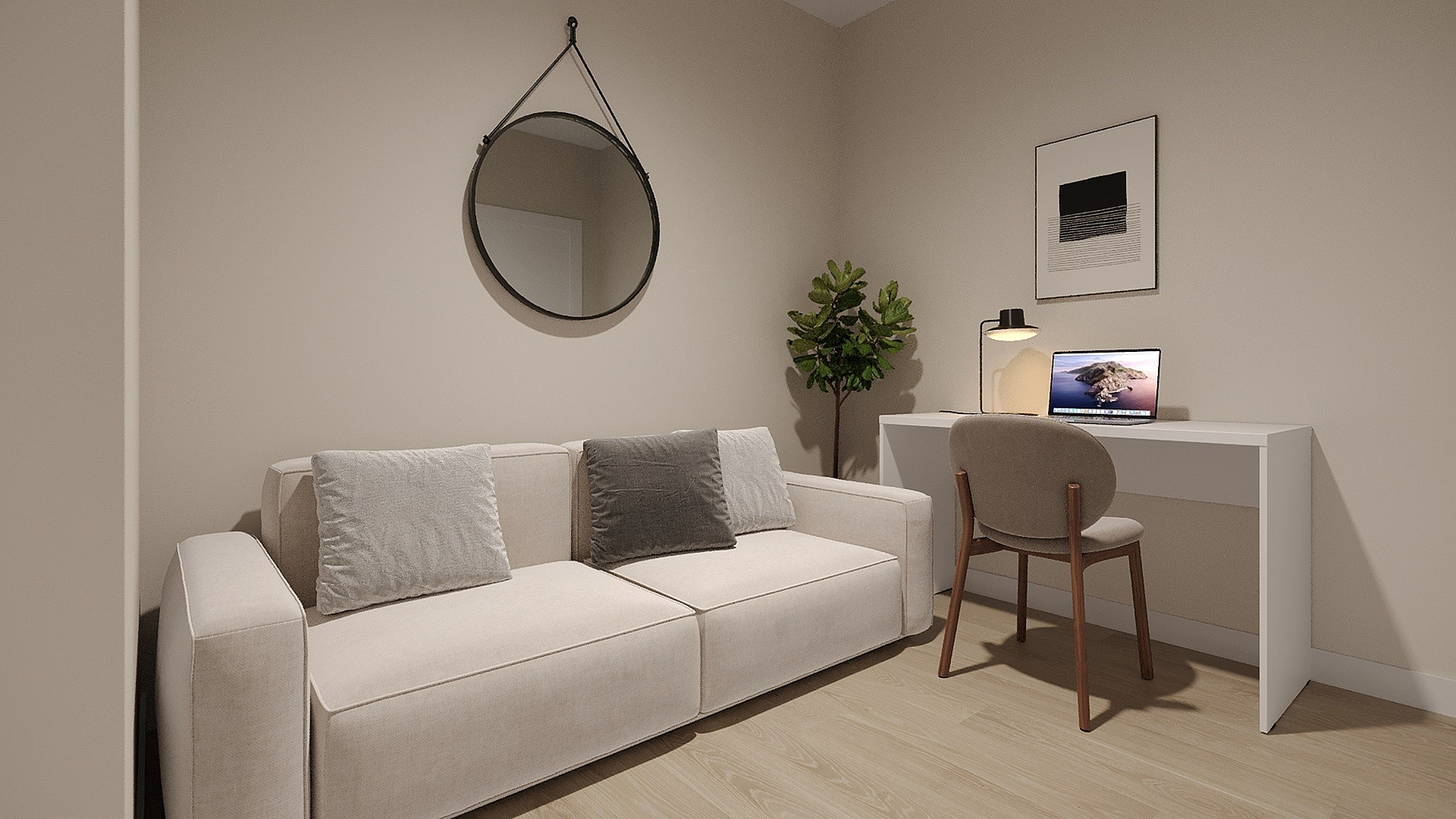 Modern living room with cozy beige sofa, stylish decor, and a sleek workspace setup featuring a laptop on a white desk.
