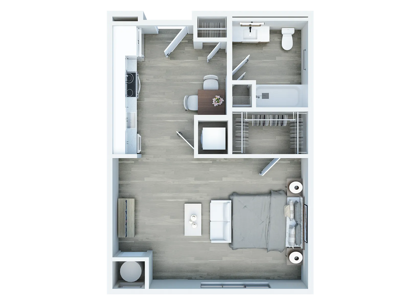 Modern studio apartment floor plan showcasing an open-concept layout with a cozy sleeping area, compact kitchen, dining space, and a spacious bathroom.