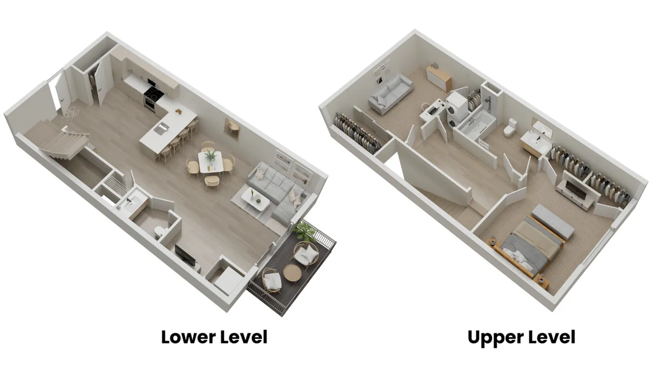 Modern 3D floor plan displaying lower level open kitchen and living area with outdoor seating, and upper level spacious bedroom with ensuite, showcasing luxury design.