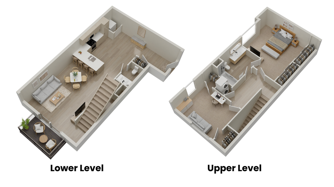 Modern two-level floor plan showcasing a spacious lower level with open-plan kitchen, dining, and living area leading to a cozy patio; upper level features a luxurious master bedroom with ensuite and a versatile office space.