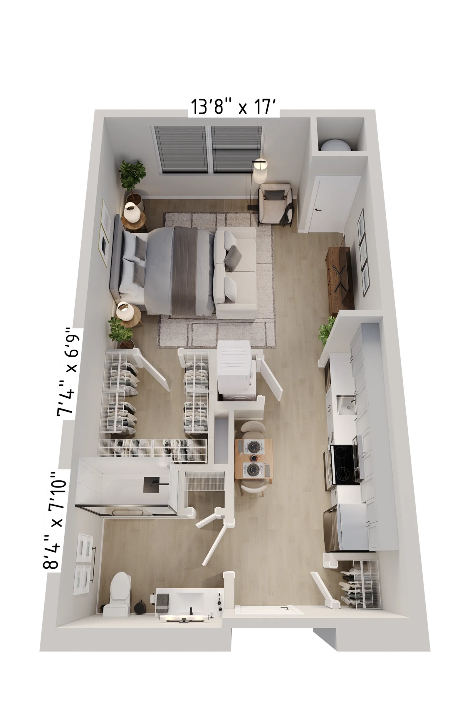 Modern studio apartment floor plan with spacious bedroom, open kitchen, and cozy living area, featuring elegant wood flooring and ample storage.