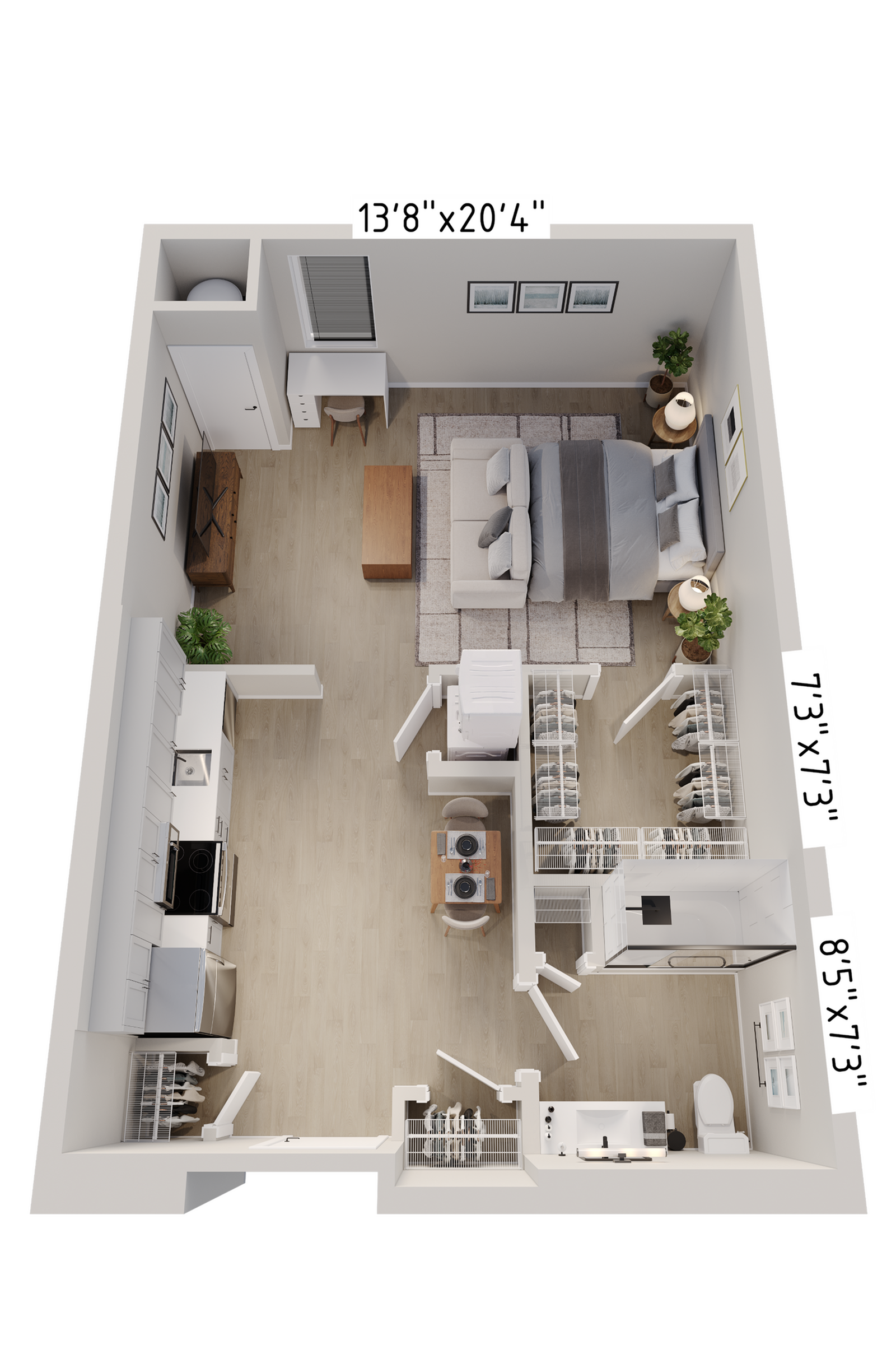 Modern and spacious floor plan featuring a cozy bedroom, stylish kitchen, and open living area with elegant decor.