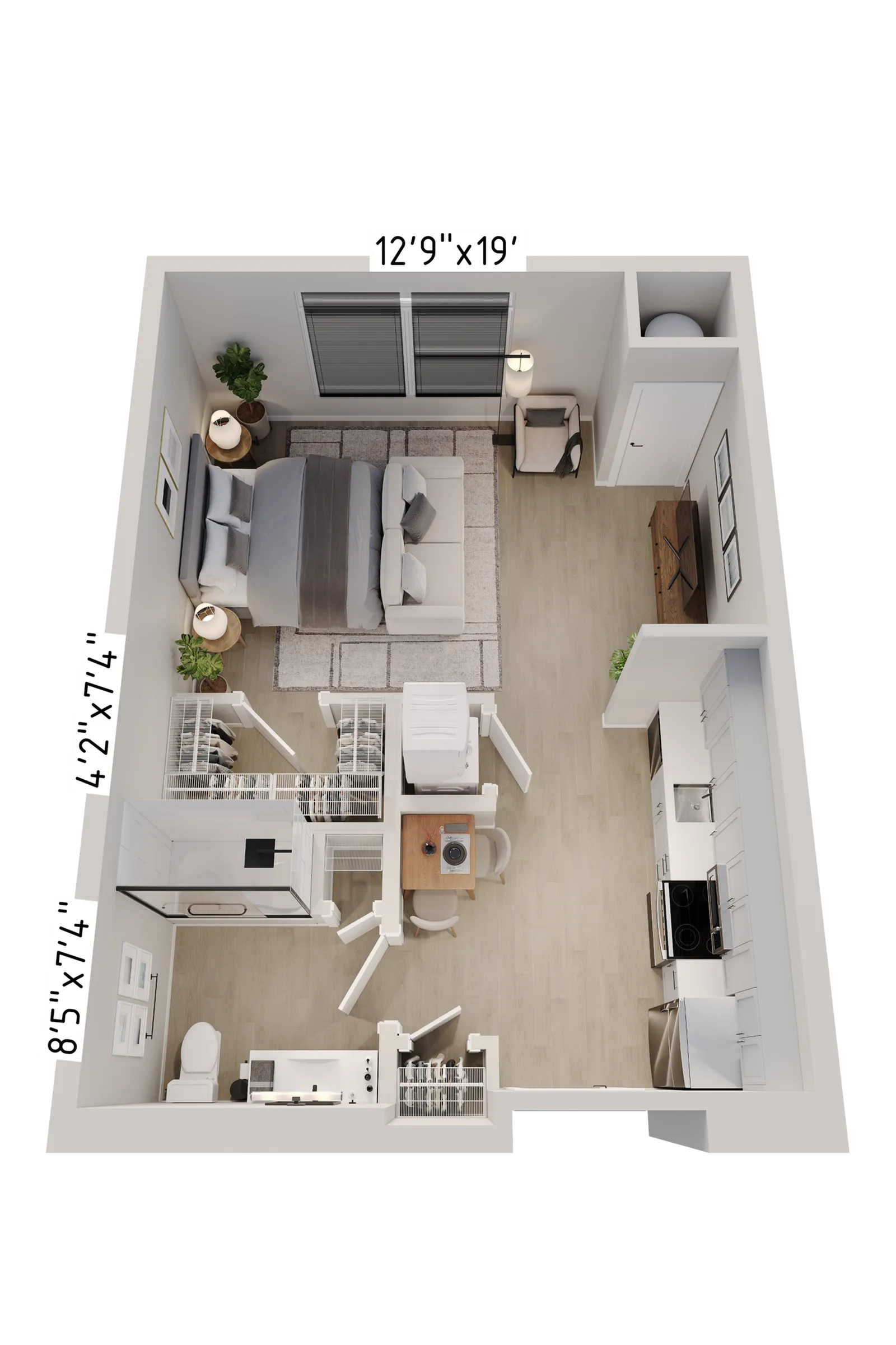 Modern 3D floor plan showcasing a cozy studio apartment with an open kitchen, spacious bedroom area, and elegant bathroom layout.