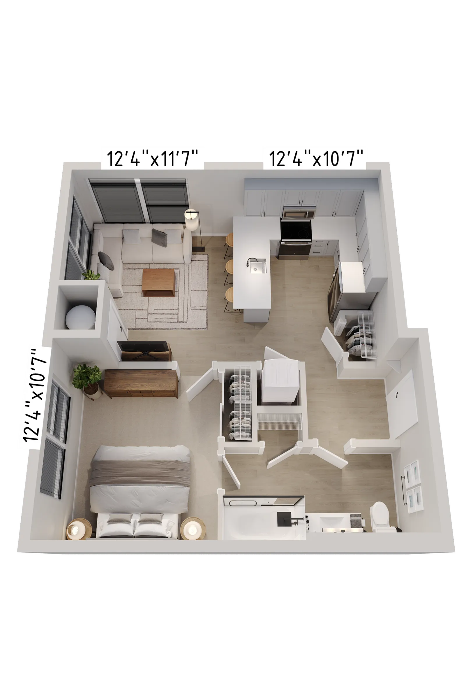 Modern 1-bedroom apartment floor plan featuring an open living area, sleek kitchen with island, and spacious bedroom suite with walk-in closet and full bathroom.