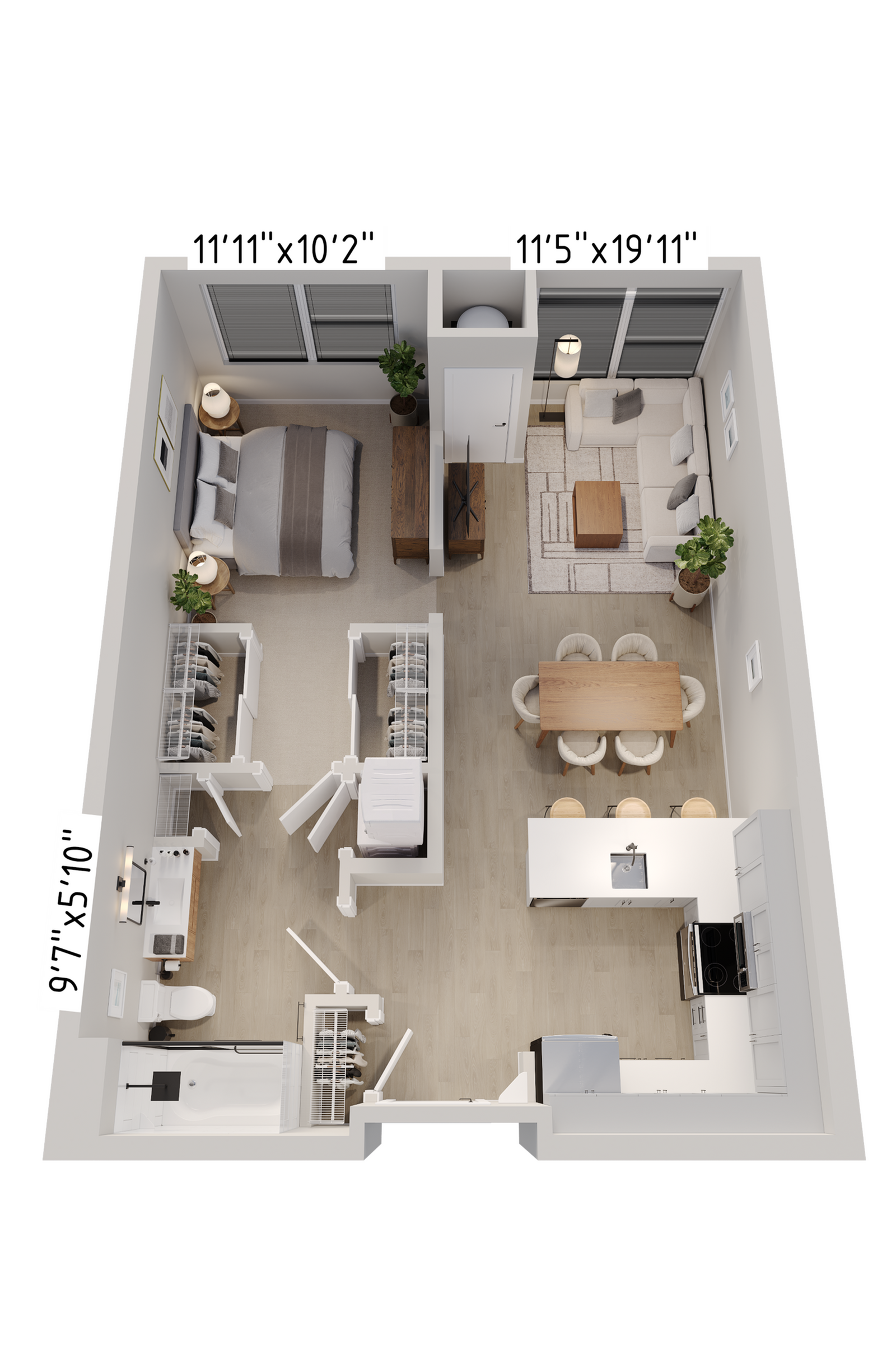 Modern 3D floor plan showcasing an elegant 1-bedroom apartment with open living space, stylish kitchen, and spacious bathroom.