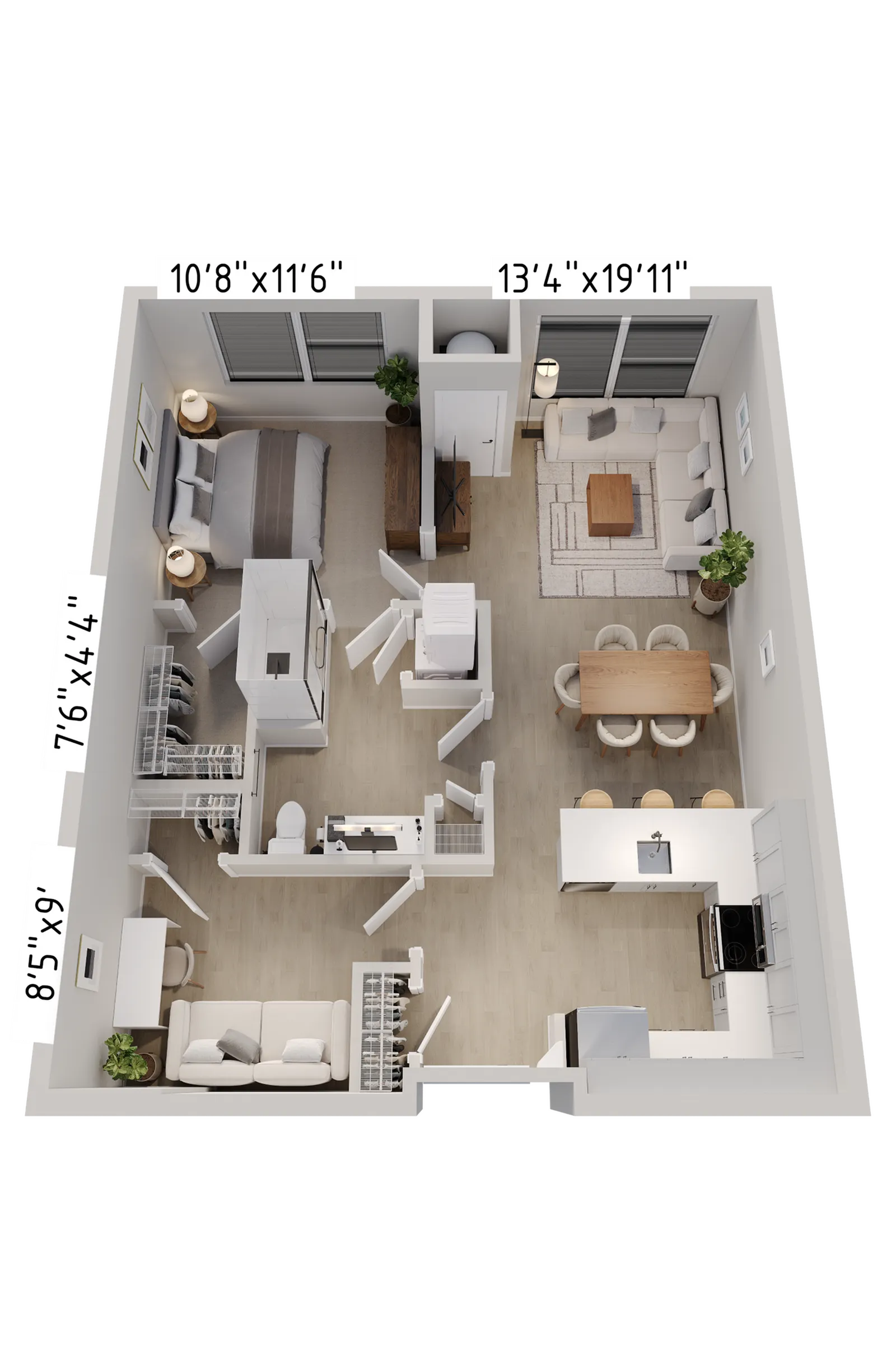 Chic open-concept floor plan showcasing a cozy bedroom, spacious living and dining area, modern kitchen, and elegant bathroom.