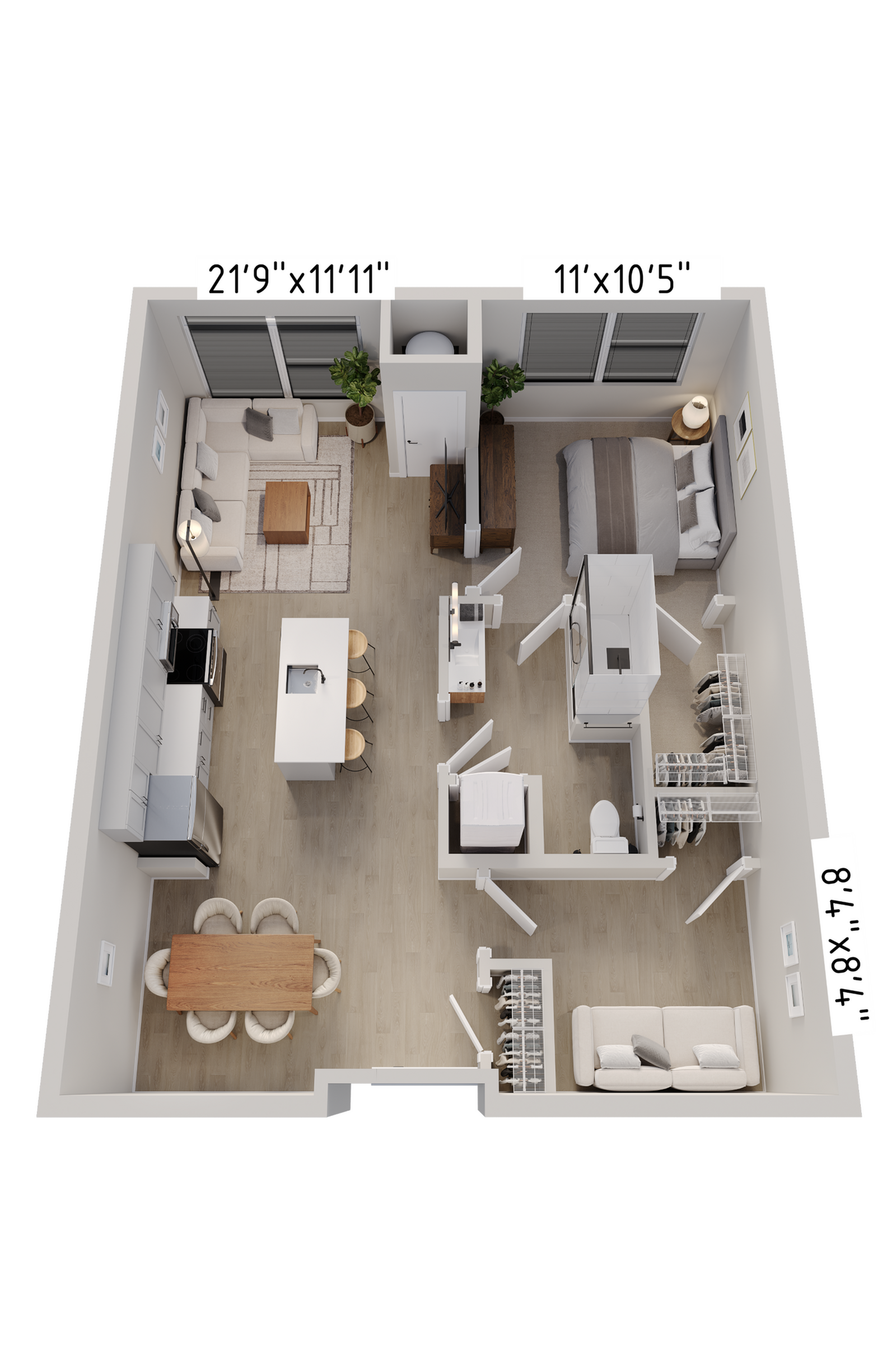 Modern 3D floor plan showcasing a well-appointed apartment with an open-concept living area, stylish kitchen with island, cozy bedroom, and contemporary bathroom.
