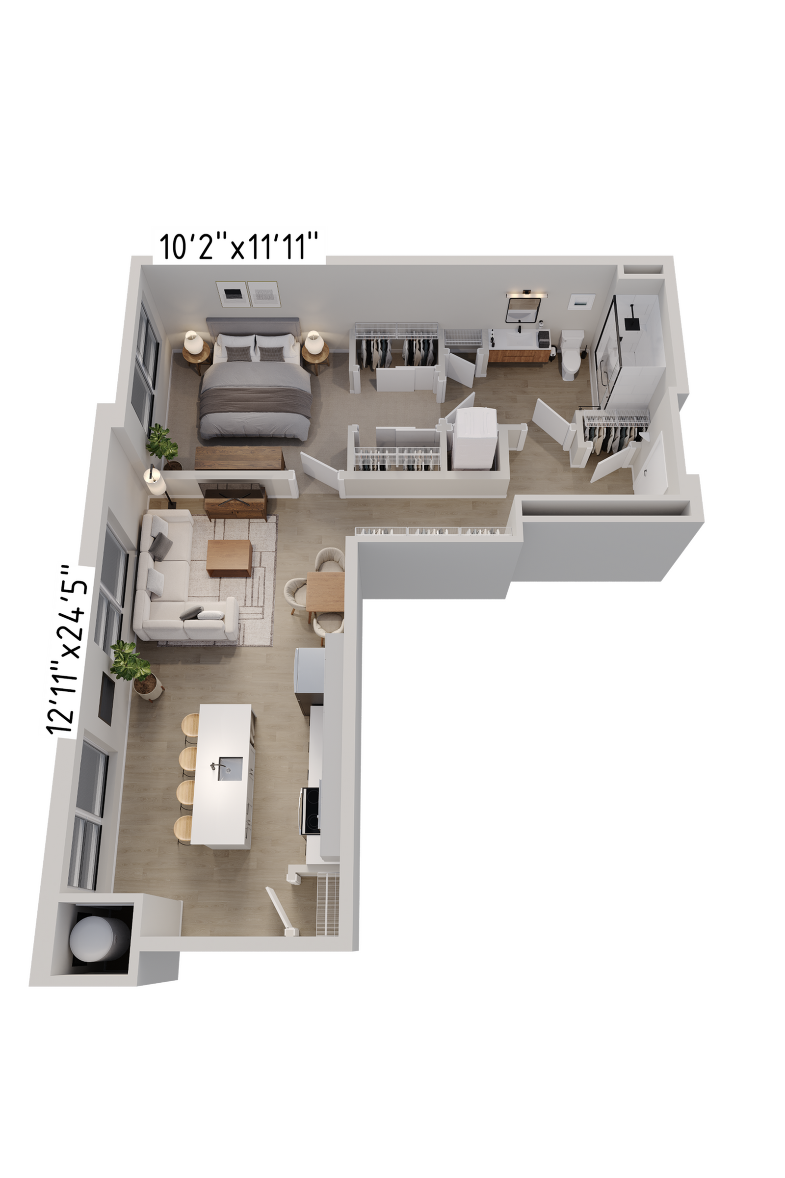 Modern apartment floor plan featuring a spacious single bedroom, open-concept living and dining area, and a stylish kitchen with bar seating. Includes ample closet space and a well-designed bathroom.