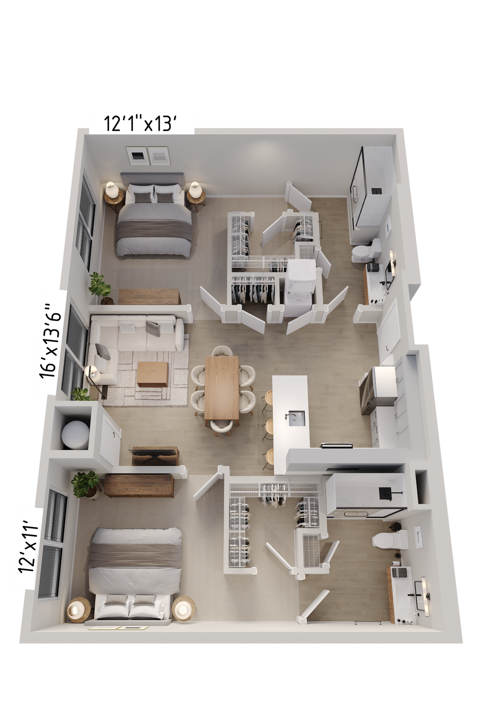 Chic 3D floor plan showcasing a modern apartment with two spacious bedrooms, an open living and dining area, sleek kitchen, and ample storage space.