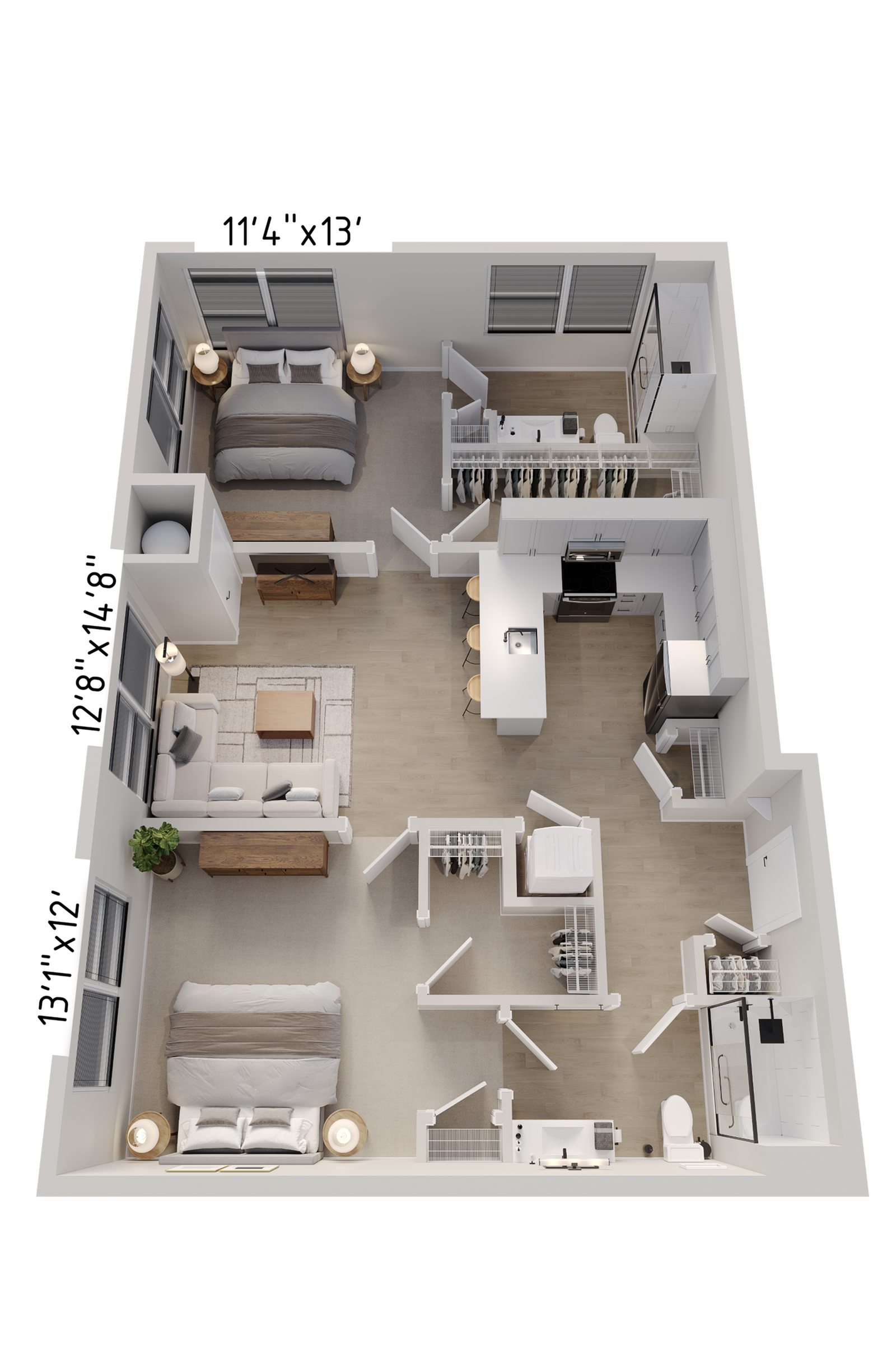 Contemporary 3D floor plan showcasing two spacious bedrooms, an open living area, and a modern kitchen with sleek finishes.