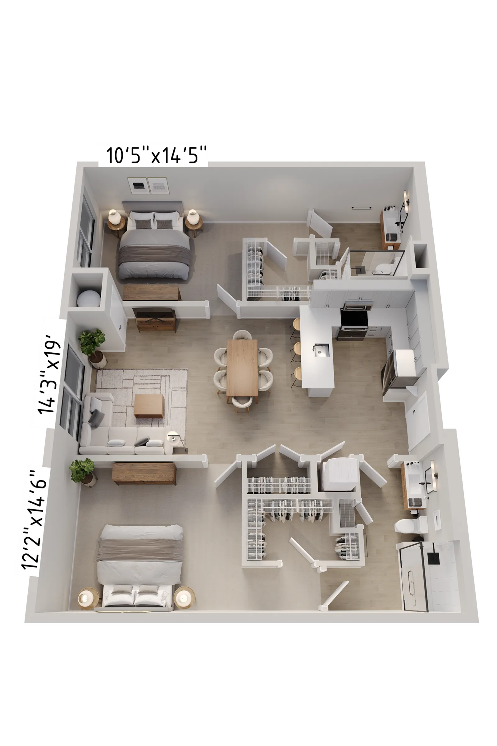 Elegant 3D floor plan showcasing two spacious bedrooms, an open-concept living and dining area, and a modern kitchen.