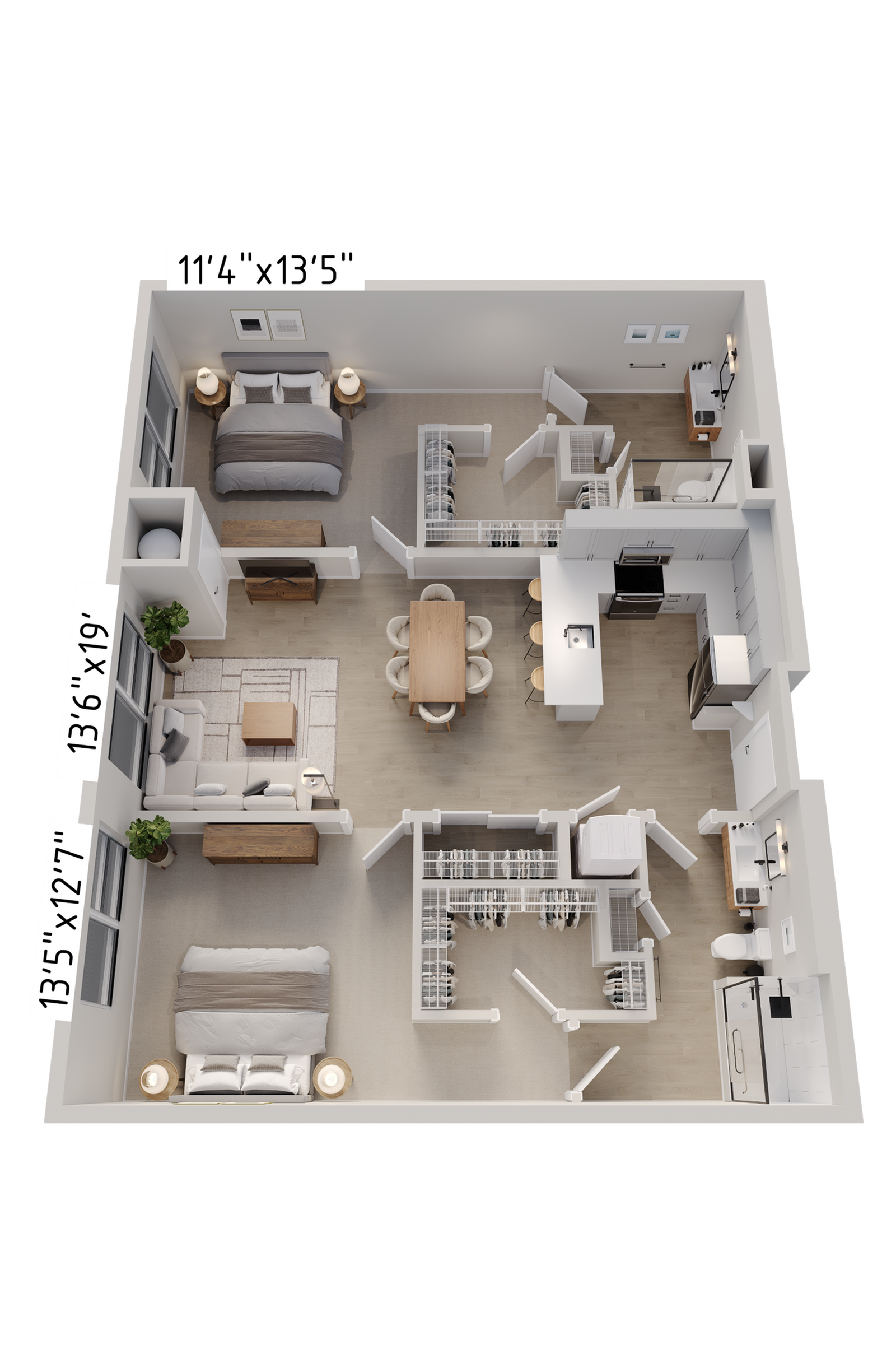 Modern floor plan showcasing 2 spacious bedrooms, elegant open-concept living area, stylish kitchen, and cozy bathrooms.