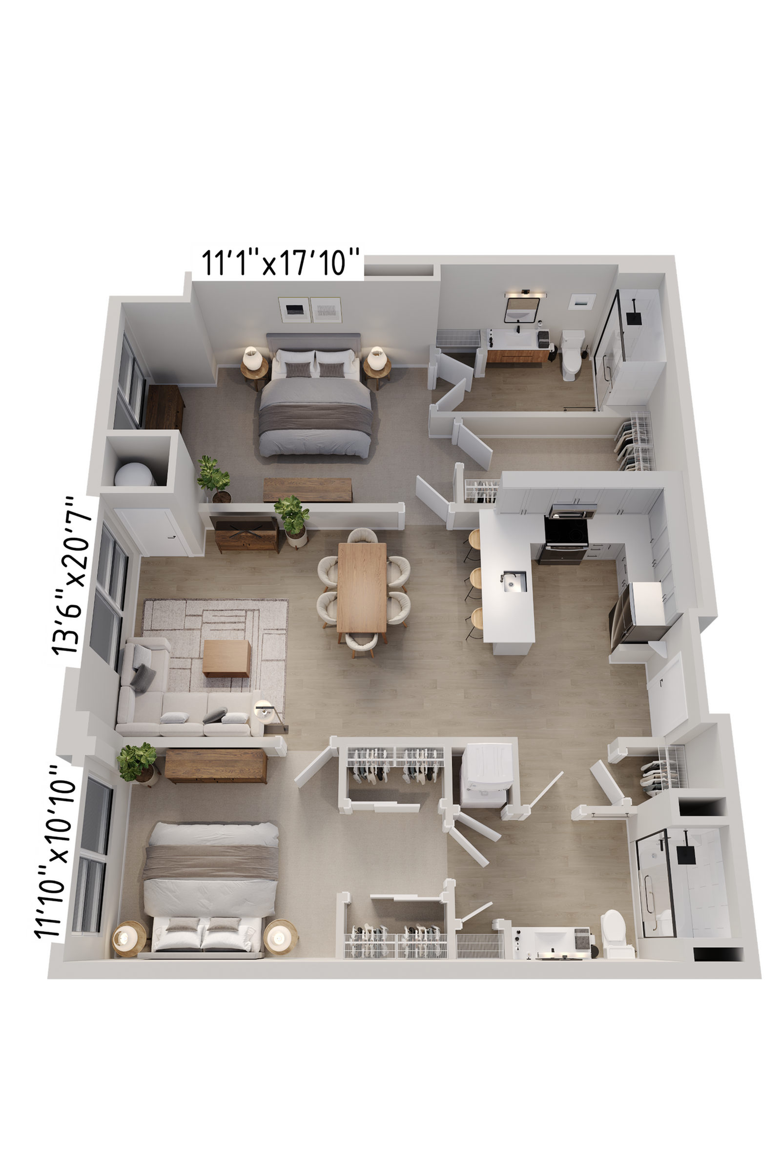 Modern 3D floor plan showcasing a spacious layout with two bedrooms, an expansive living area, and a contemporary kitchen.