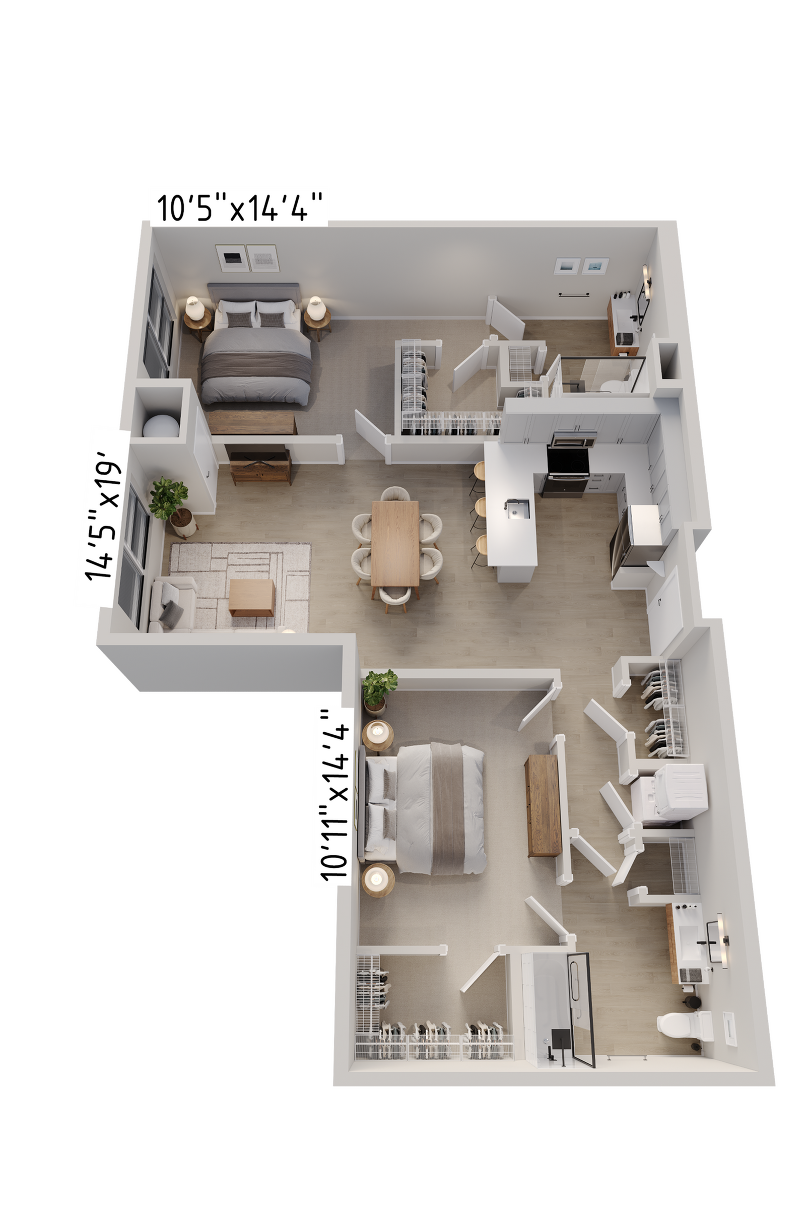 Modern 3D floor plan showcasing 2 bedrooms, an open-concept living and dining area, and a stylish kitchen. Spacious interiors feature ample closet space and contemporary design layout.