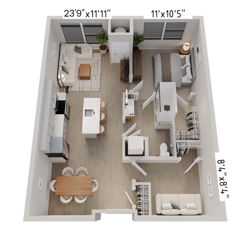 Modern 3D apartment floor plan showcasing an open-concept living area with stylish kitchen, cozy bedroom, and a functional layout, perfect for urban living.