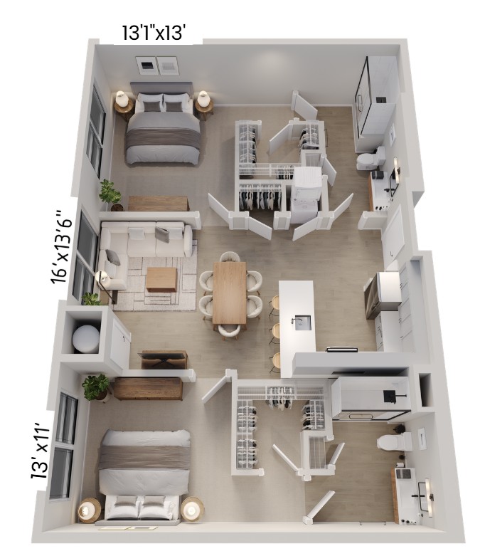 Modern 3D floor plan featuring two spacious bedrooms, open-concept living and dining area, sleek kitchen, and ample storage space.