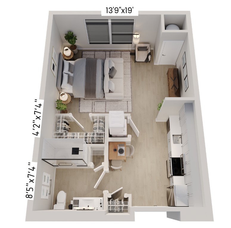 Modern studio apartment floor plan featuring a cozy bedroom area with fitted wardrobes, stylish living space, contemporary kitchen, and elegant bathroom. Perfect urban living with optimized functionality.