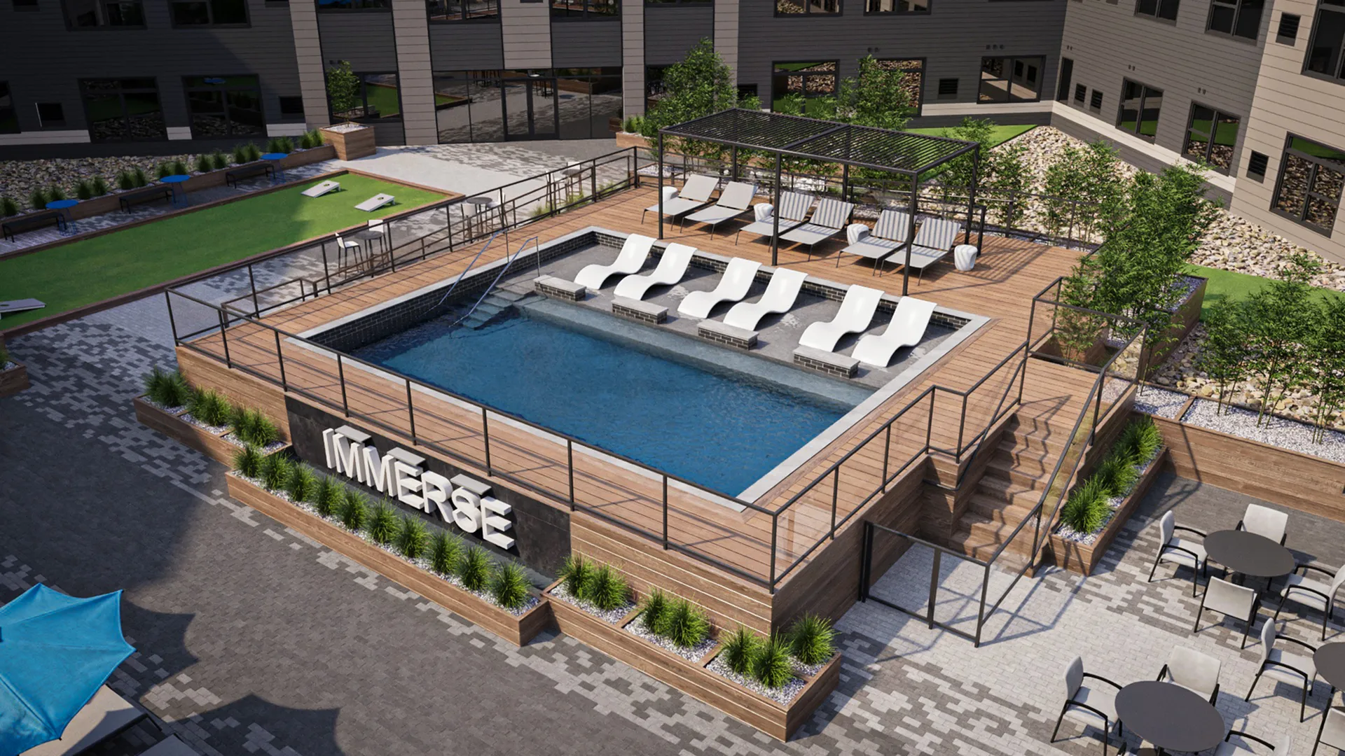 Contemporary outdoor amenity area with luxury pool, stylish sun loungers, and a relaxing pergola setting.