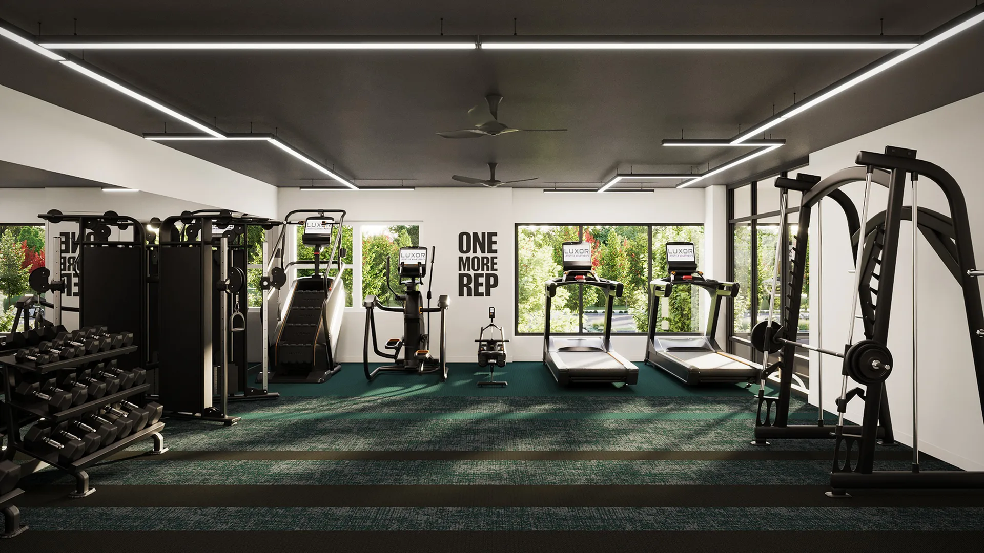 Modern fitness center with state-of-the-art gym equipment, featuring treadmills, weight racks, and a lush green view through large windows.