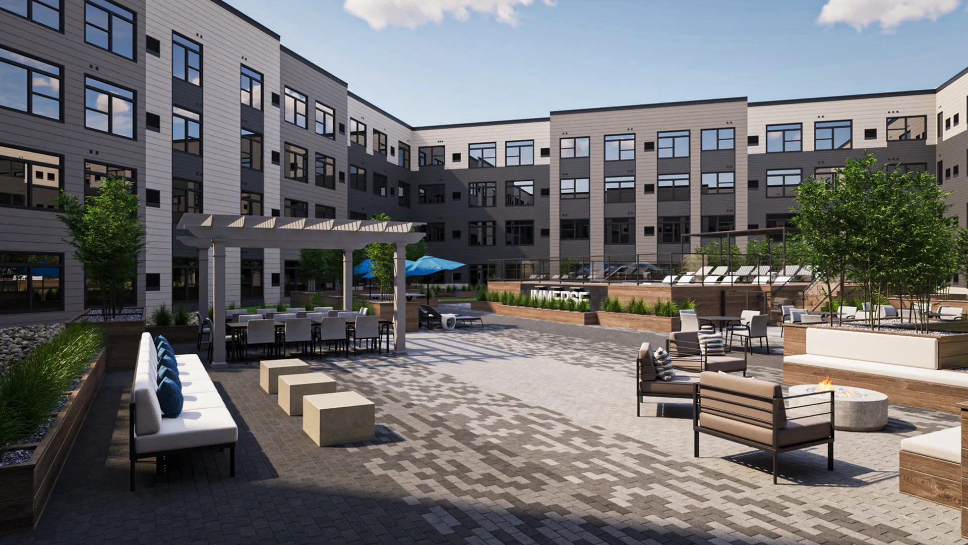Modern apartment courtyard with comfortable seating, stylish pergola, and lush greenery, perfect for outdoor gatherings.
