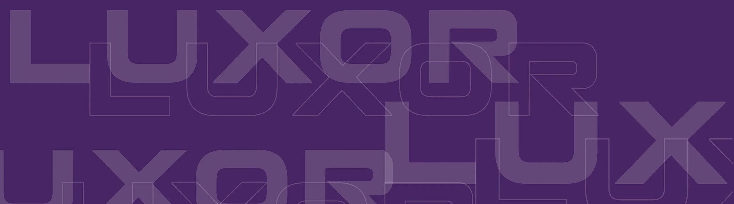Luxor-themed graphic with bold lettering design in purple tones.