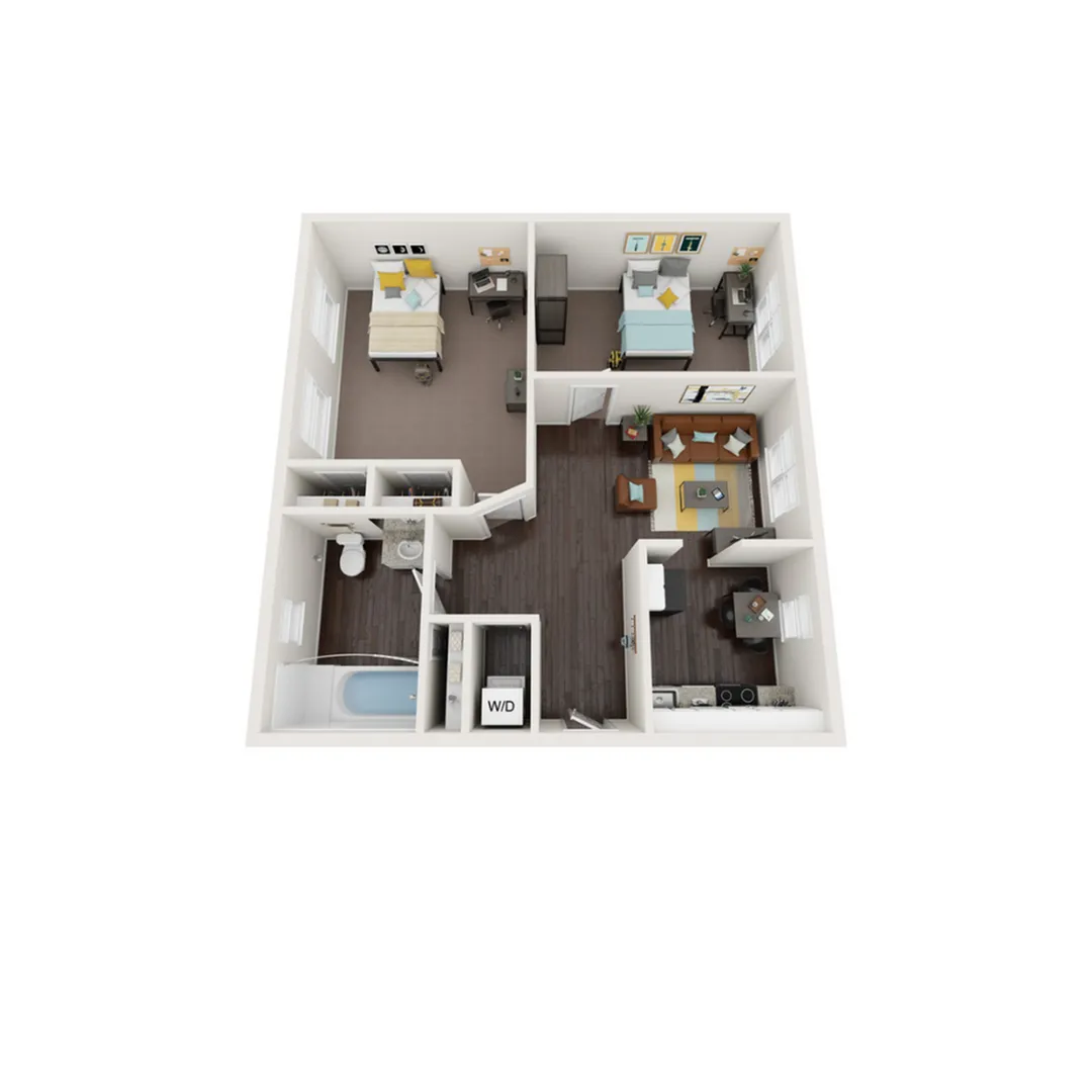 Chic 2D floor plan of a two-bedroom apartment with an inviting living area and a modern kitchen.