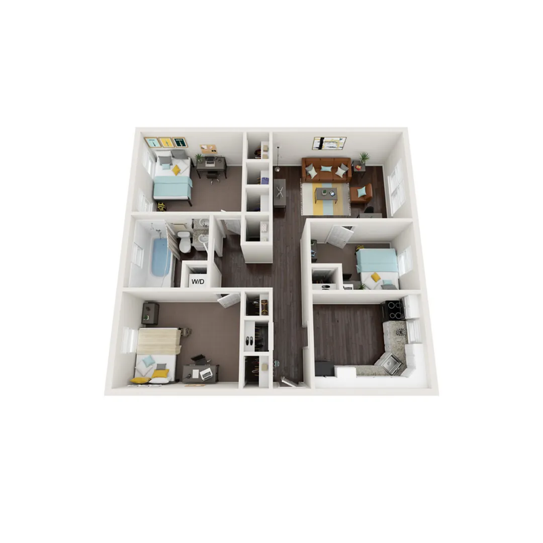 3D apartment floor plan featuring 3 bedrooms, open living space, and contemporary kitchen.