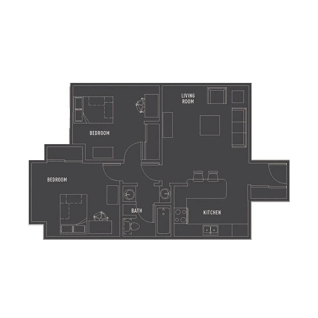 Elegant floor plan highlighting 2 bedrooms with a spacious living room and modern kitchen.