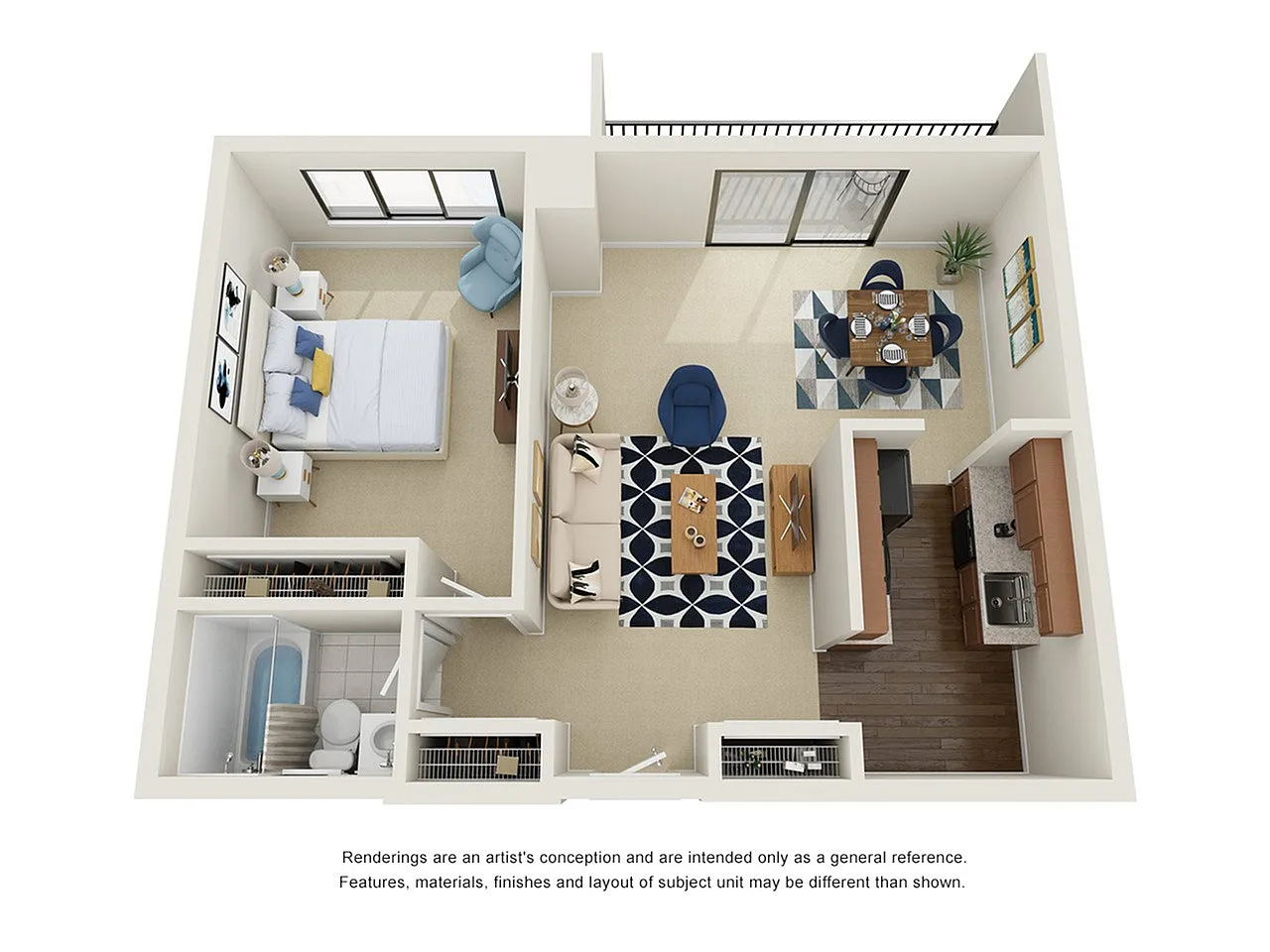 Contemporary 1-bedroom apartment floor plan featuring an open-concept living area, modern kitchen with dining space, and private balcony.