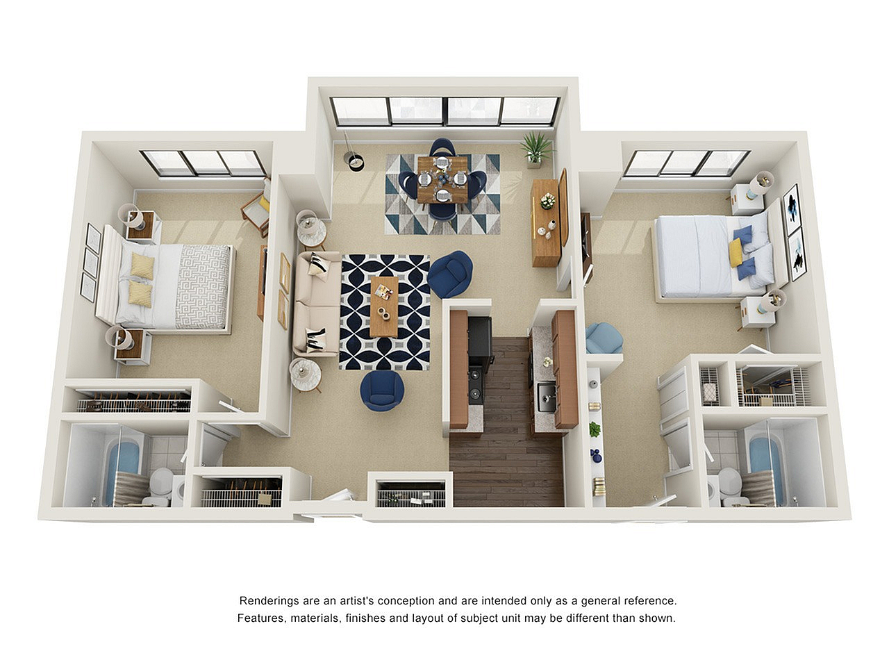 Elegant 3D apartment floor plan showcasing two bedrooms, cozy living room, modern kitchen, and two stylish bathrooms, emphasizing open layout and abundant natural light.