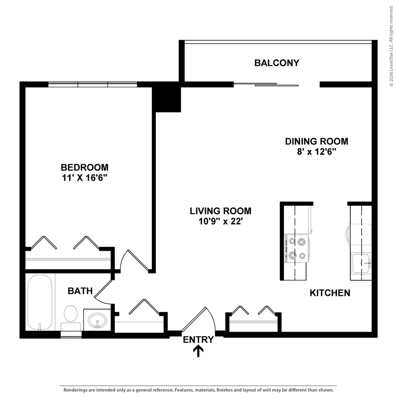 Spacious 2D floor plan featuring a bedroom, modern kitchen, dining room, and expansive living area with balcony access.