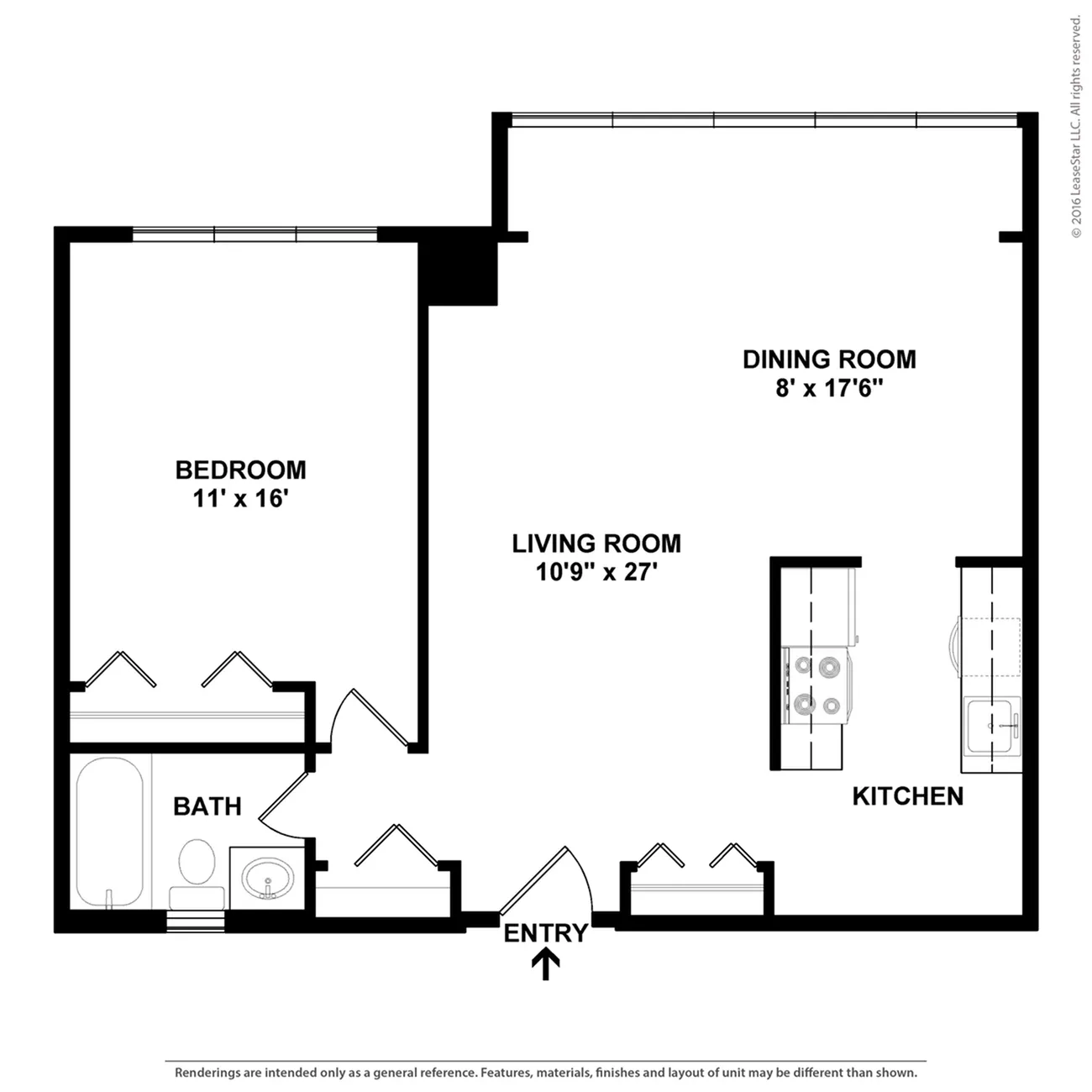 Modern floor plan with one spacious bedroom, stylish living room, elegant dining area, and well-equipped kitchen.
