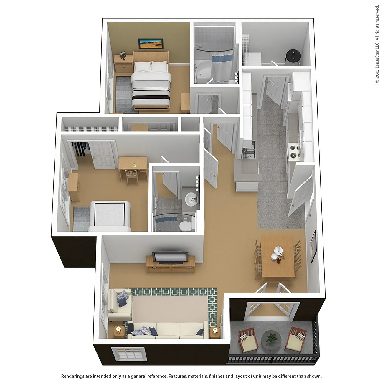 Contemporary 3D floor plan showcasing 2 bedrooms, a cozy living room, modern kitchen, and private balcony access, perfect for comfortable living.